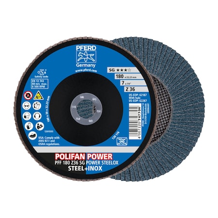 Pferd 7" x 7/8" A.H. POLIFAN Flap Disc - Z SG POWER STEELOX, Zirconia, 36 Grit, Flat 62187